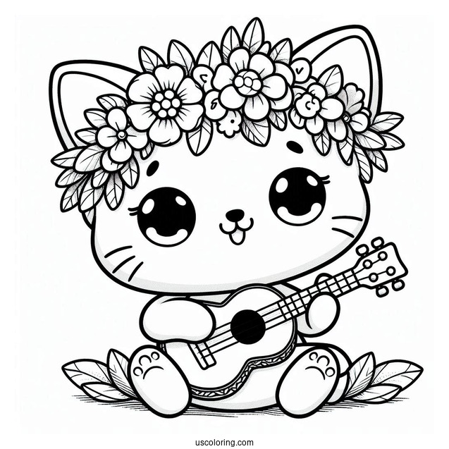 Kawaii Cat With A Flower Crown Playing The Ukelele