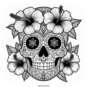 Detailed Sugar Skulls Coloring Page Design With Hibiscus Flowers