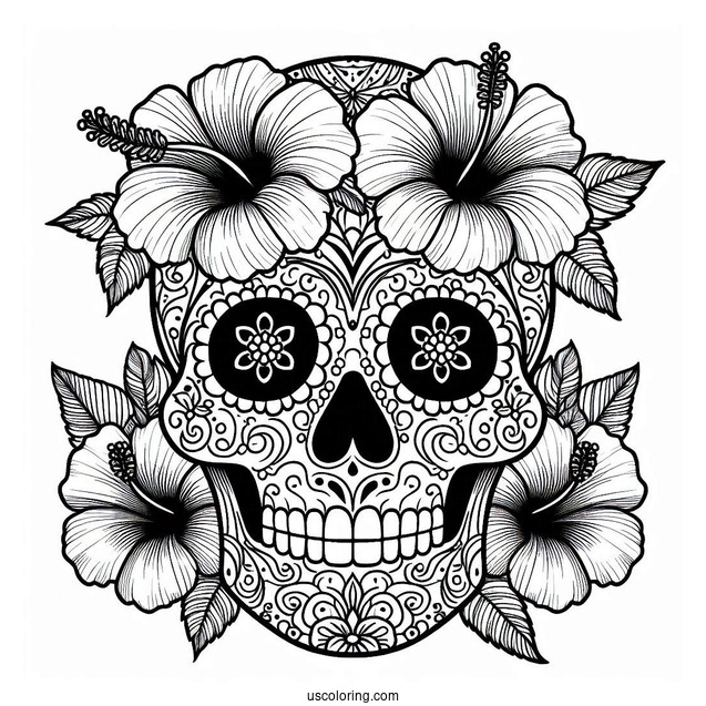 Detailed Sugar Skulls Coloring Page Design With Hibiscus Flowers
