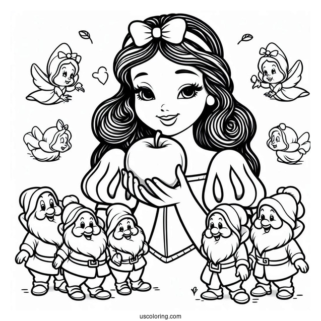 Coloring Page Of Show White Holding Apple With Dwarfs