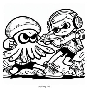 Splatoon Coloring Page Of Agent 3 Fighting Hiro Octoling For Kids