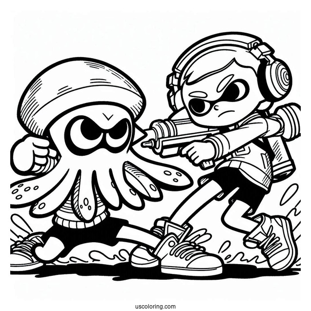 Splatoon Coloring Page Of Agent 3 Fighting Hiro Octoling For Kids