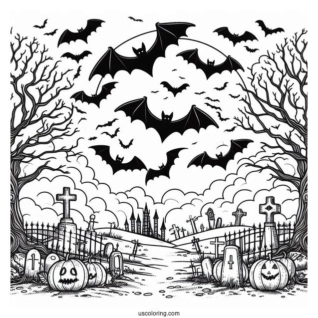Halloween Graveyard With Bats Coloring Page In The Sky