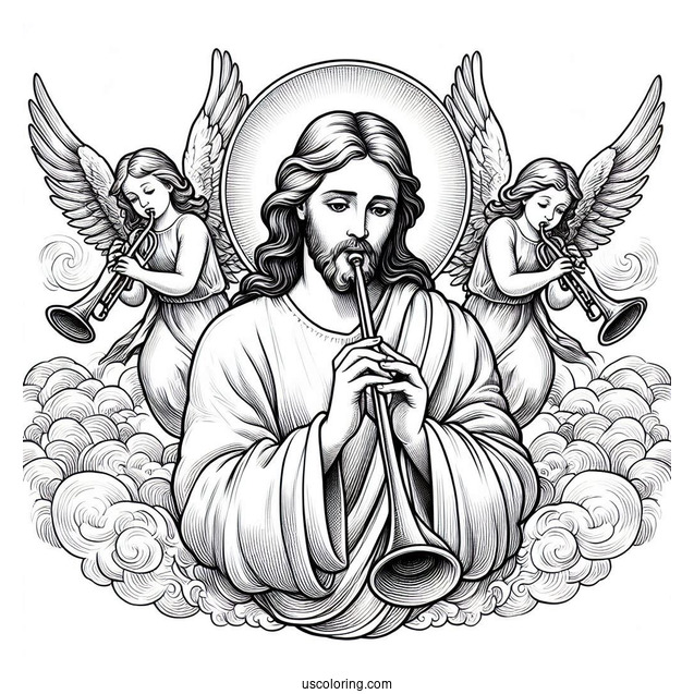 Holy Jesus With Angels Blowing Trumpets On Easter Coloring Page