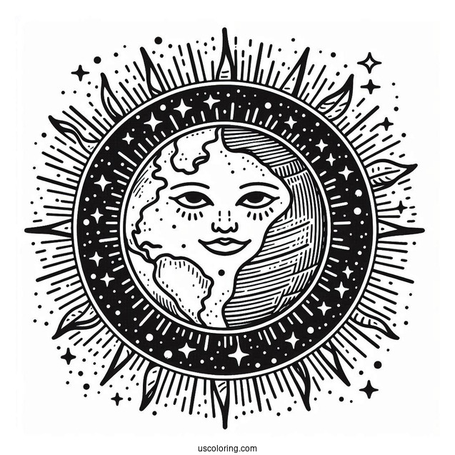 Earth And Sun In Space To Color