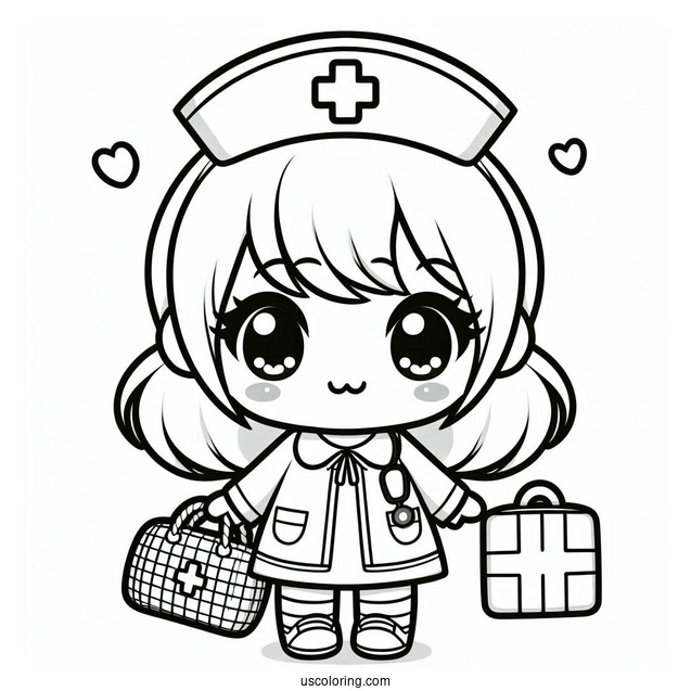 Chibi Coloring Page Nurse in a Hospital Room For Kids