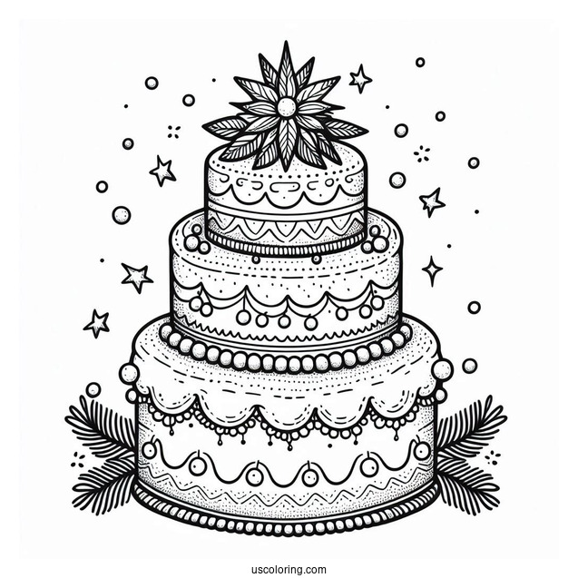 Detailed Christmas Tiered Cake Coloring Page