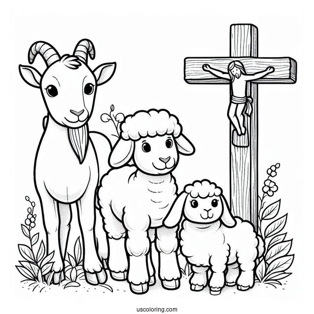 Goat, Lamb, And Donkey Under A Wooden Cross Coloring Page For Kids