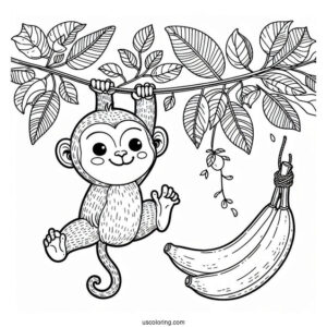 Little Monkey Hanging On A Vine Beside A Cool Banana Coloring Page