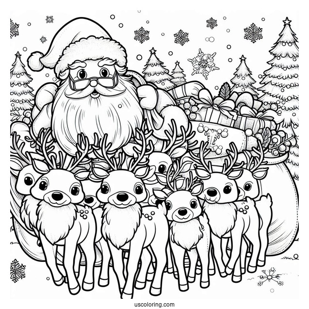 Santa And His Nine Reindeer Coloring Page