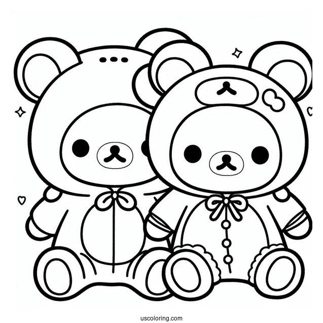 Friends Hugging Rilakkuma Coloring Page In Onesie Costume For Kids