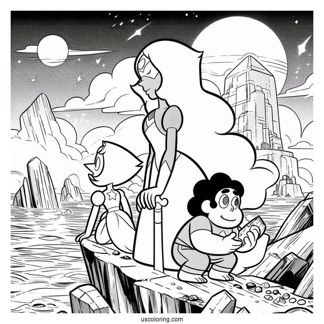 Steven Universe Coloring Page Of Garnet, Amethyst, And Pearl On Cliff with Spinel In The Background