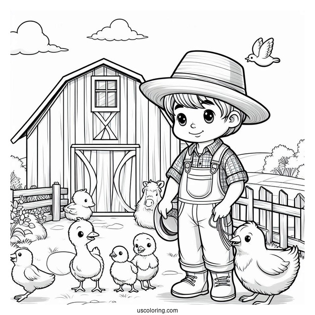 Farmer Boy With Animals Next To Barn