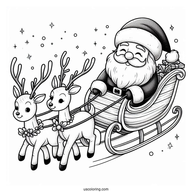 Santa In His Sleigh With Reindeer To Color