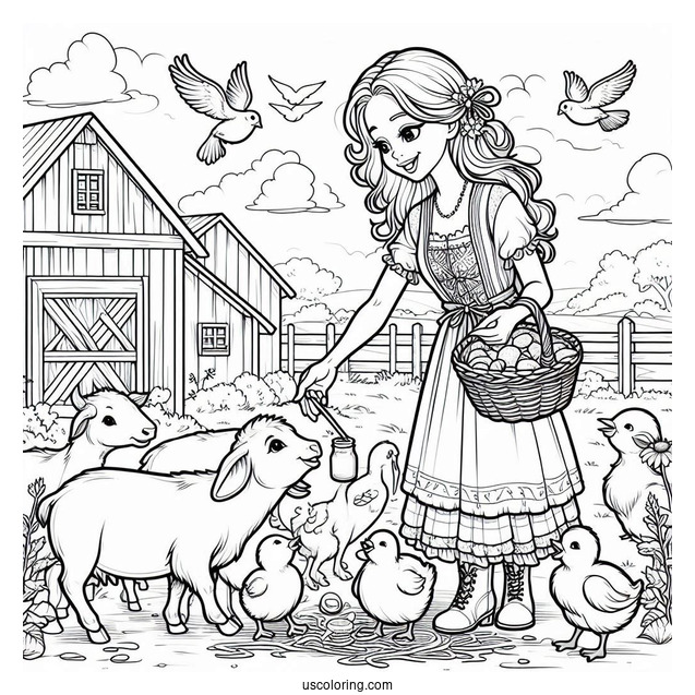 Farmer Wife Feeding Animals To Color