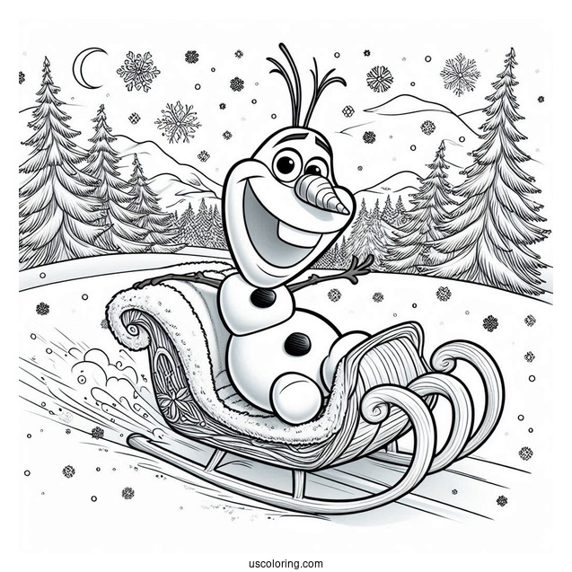 Olaf Riding A Slead In Snow To Color