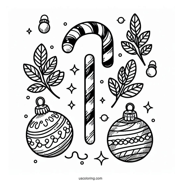 Candy Cane And Christmas Ornaments To Color