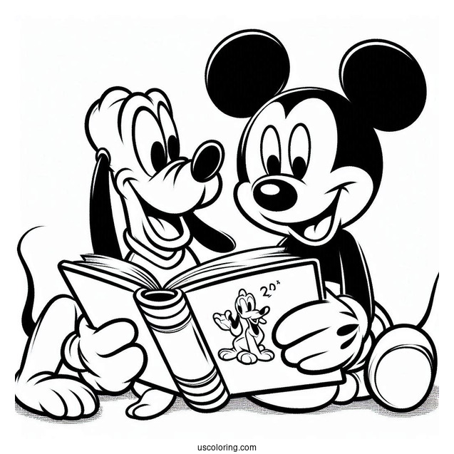 Mickey Mouse Reading A Book To Pluto Coloring Page