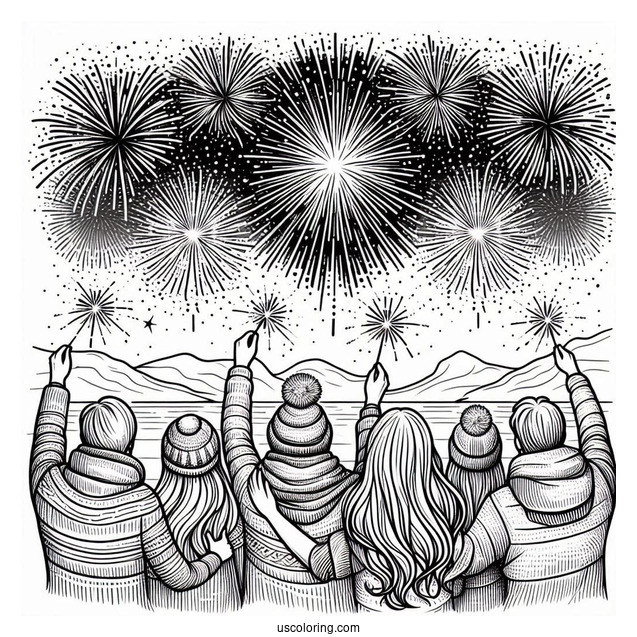 People Holding Up Sparklers To A Sky Filled With Fireworks On New Year Coloring Page