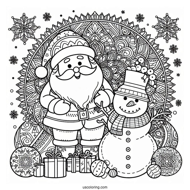 Santa Claus With Snowman And Christmas Mandala Coloring Page