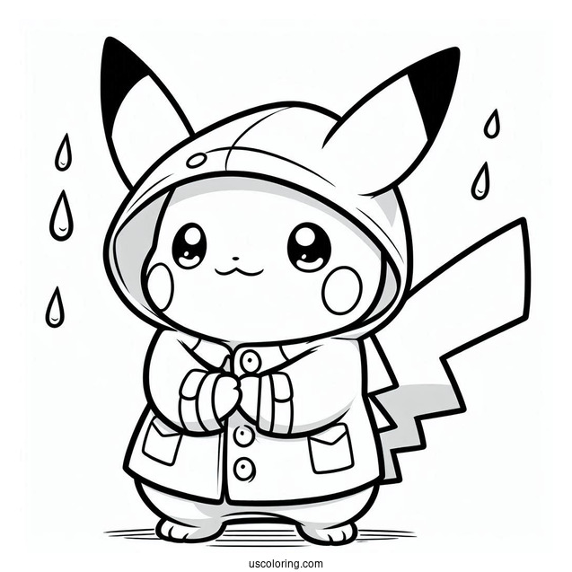 Cute Pikachu Wearing Raincoat Coloring In