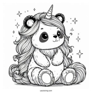 Magical Panda Coloring Page Unicorn with Fluffy Mane