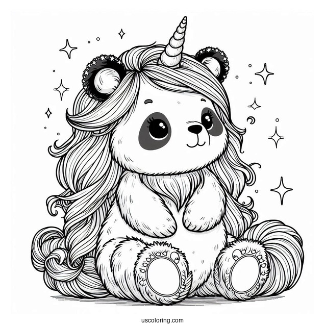 Magical Panda Coloring Page Unicorn with Fluffy Mane