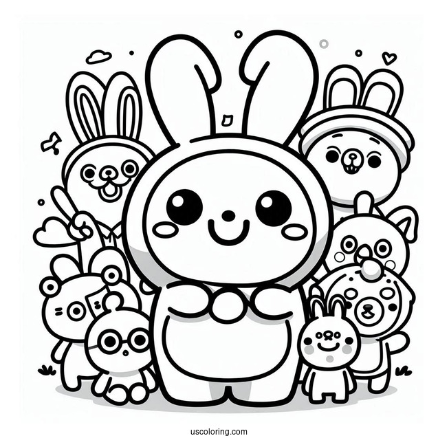 Pororo Coloring Page Surrounded By Poby, Harry, Rody, Eddy, Loopy, Petty, Crong, And Tongtong For Kids