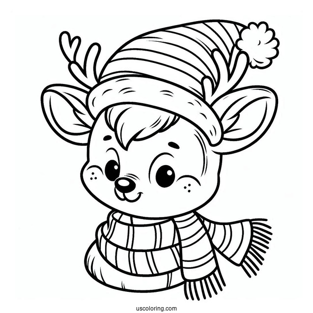 Easy Rudolph Coloring Page Wearing A Santa Hat And A Scarf