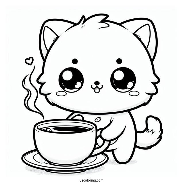 Kawaii Kitten Holding A Steaming Cup Of Coffee Coloring Page