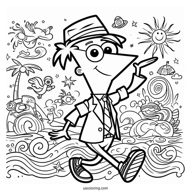 Simple Phineas And Ferb Coloring Page Outline For Kids