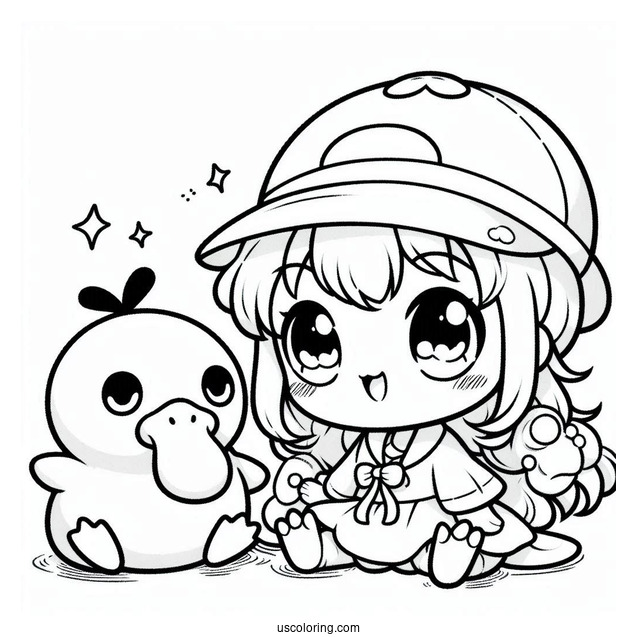 Kawaii Chibi Misty With Psyduck Coloring Page For Preschoolers