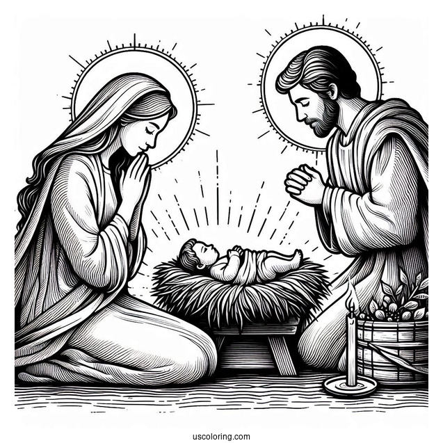 Nativity Coloring Page Of Mary And Joseph Praying Over Baby Jesus In The Manger