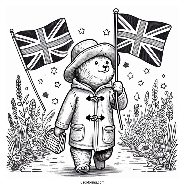 Simple Paddington Coloring Page Waving The British Flag While Walking