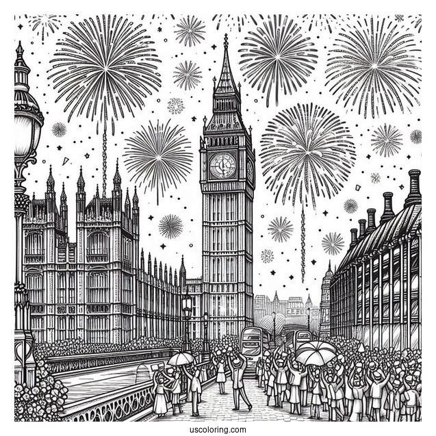 Classy New Year Coloring Page Of Celebration In London With Fireworks Behind The Big Ben