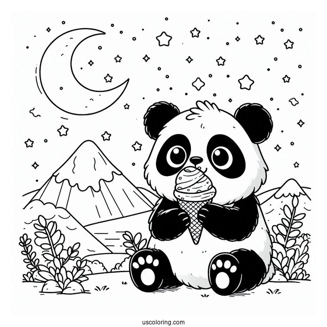 Furry Panda Coloring Page Eating Ice Cream In The Night Sky For Kids