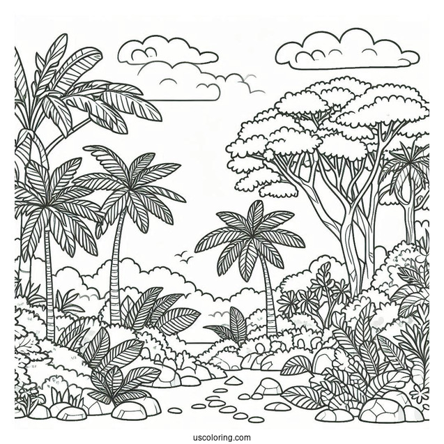 Jungle Coloring Page Of Trees And Vegetation