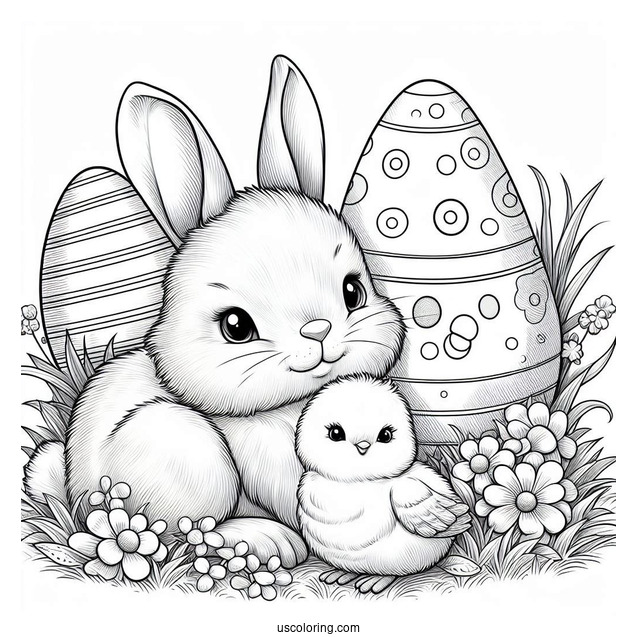 Easter Coloring Page Of Realistic Bunny And Chick On The Grass With Easter Eggs