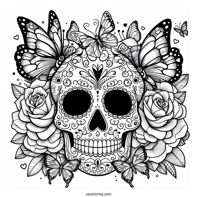 Angled View Of Sugar Skull Coloring Page With Butterflies And Plenty Of Roses
