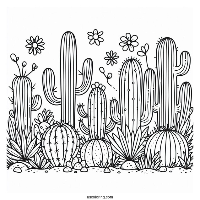 Simple Outline Of Cactus Plants In The Desert For Kids