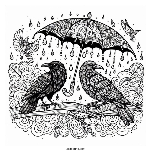 Raven Coloring Page Holding An Umbrella In The Rain