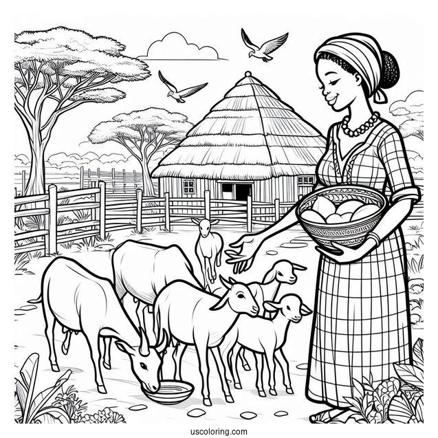 Farmer Wife Feeding Animals To Color