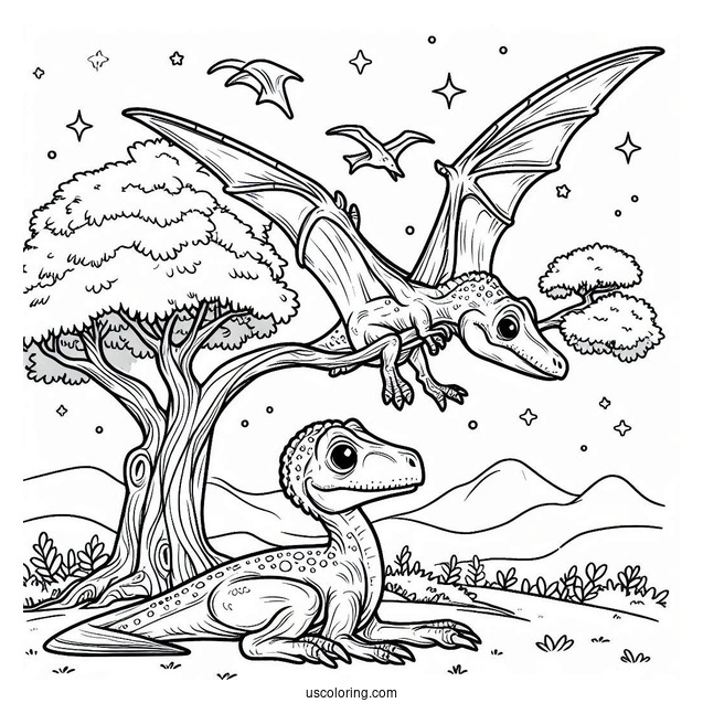 Pterodactyl Coloring Page Resting Beside Tree