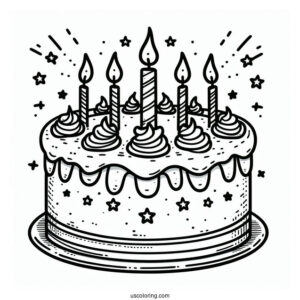 Simple Cake With Star Toppers And Candle Coloring Page
