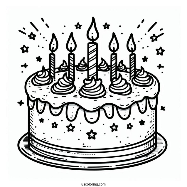 Simple Cake With Star Toppers And Candle Coloring Page