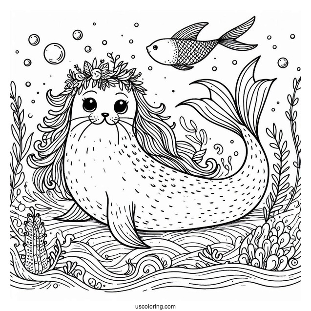 Seal Coloring Page Swimming With A Mermaid