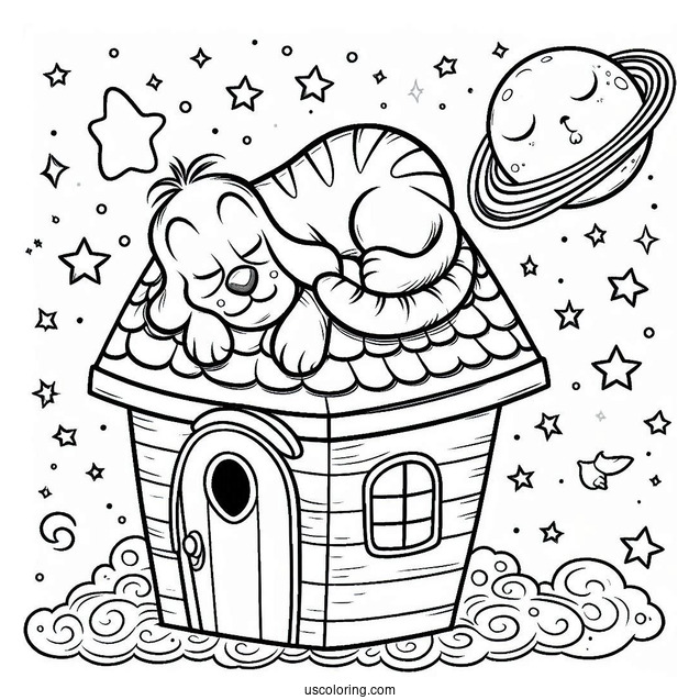 Cat Sleeping On Top Of Pluto Coloring Page In Dog House