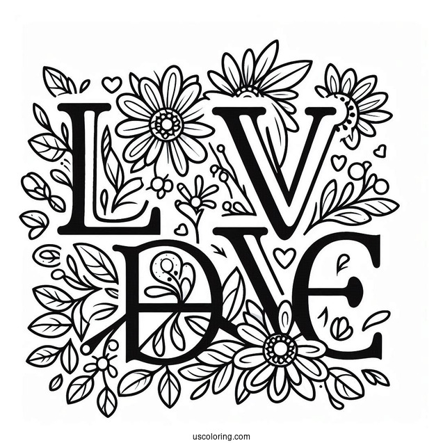 Love Word With Peace Coloring Page Sign And Flowers
