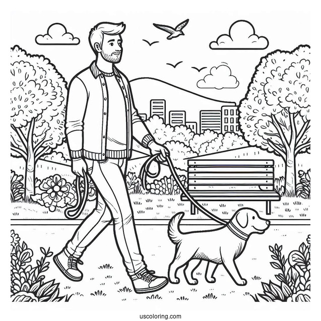 Coloring Sheet Of Man Walking His Dog In Park