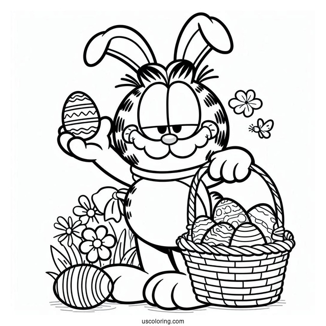 Easter Coloring Page Of Garfield Dressed As Easter Bunny With Basket Of Easter Eggs For Kids